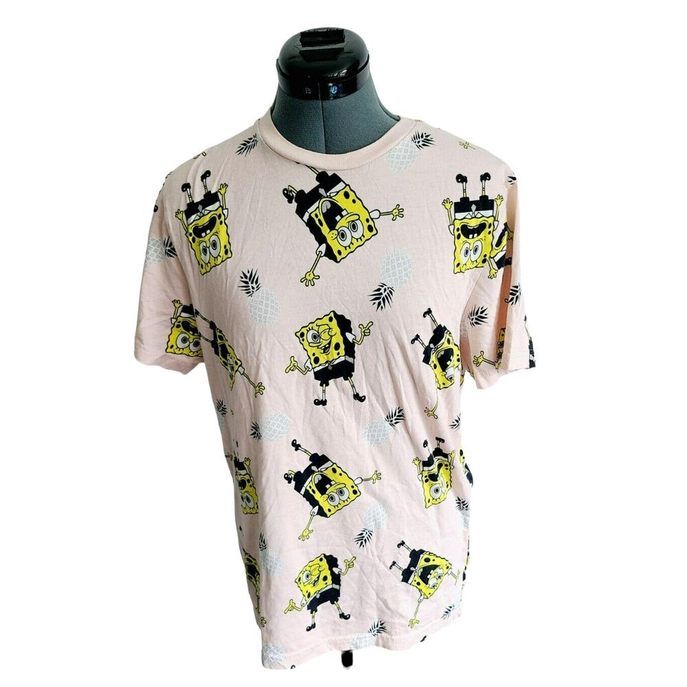 Nickelodeon SpongeBob SquarePants Pink Graphic Tee All Over Print Shirt Small